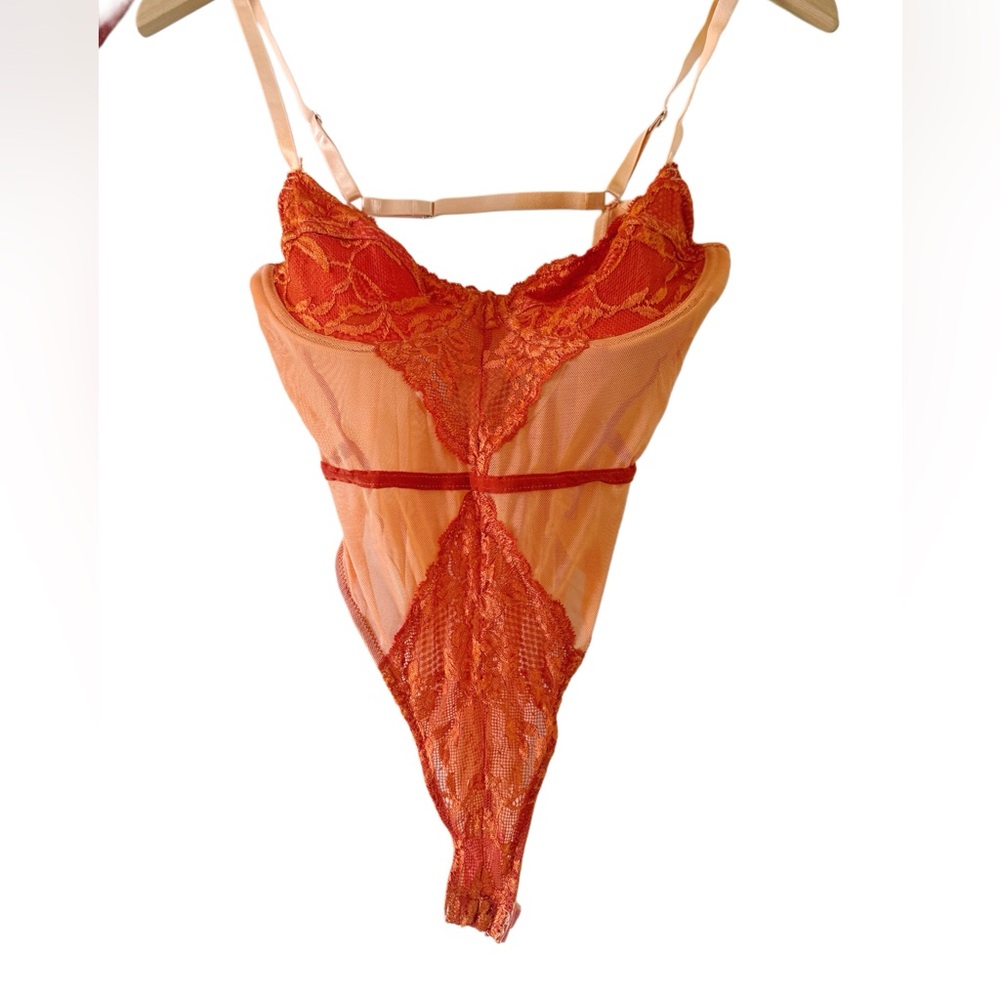 Women's custom design sheer lace sexy Orange custom dyed Bodysuit Sz small